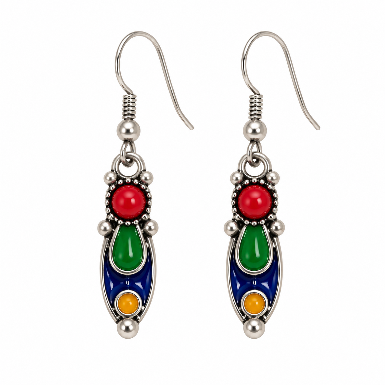 Kabyle Amazigh Earrings with Colorful Accents Silver Tone Dangle Design