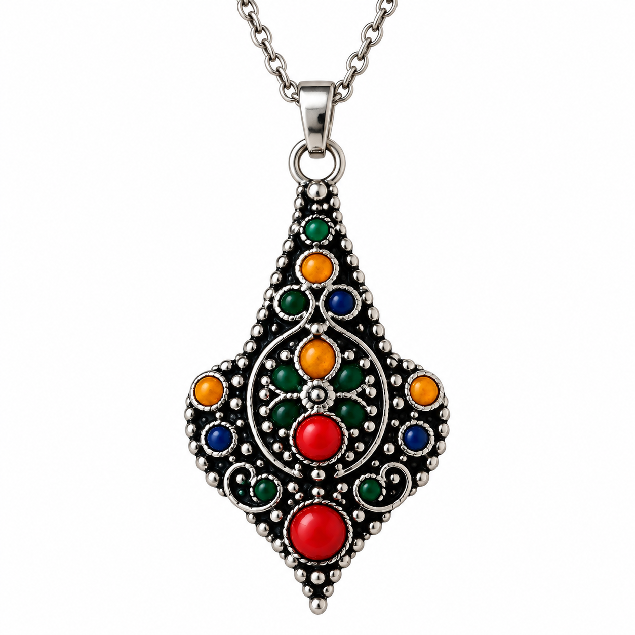 Kabyle Amazigh Teardrop Pendant Necklace Silver Tone Boho Jewelry
