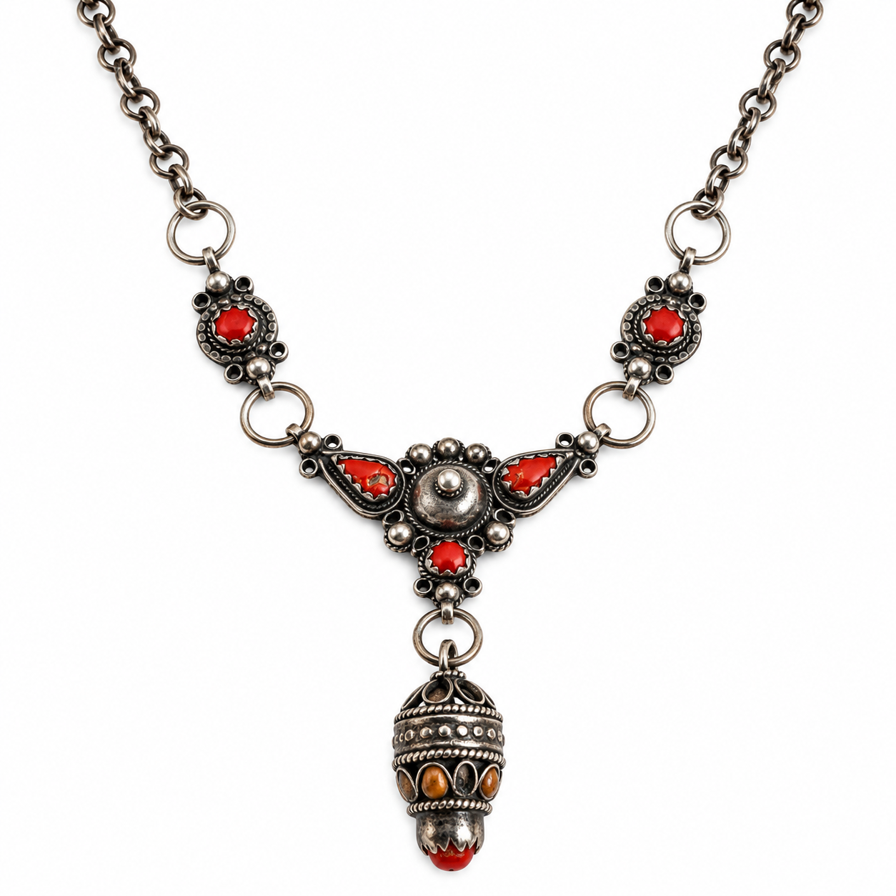 Kabyle Berber Amazigh Silver Pendant Necklace with Coral Inlay
