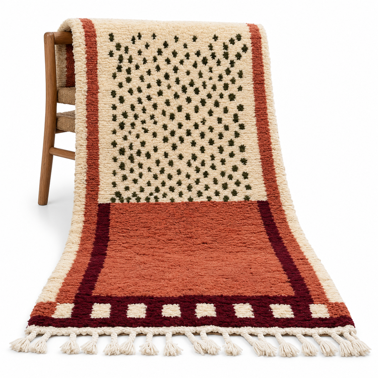 Terracotta Berber Wool Rug with Olive Green Cream Abstract Design