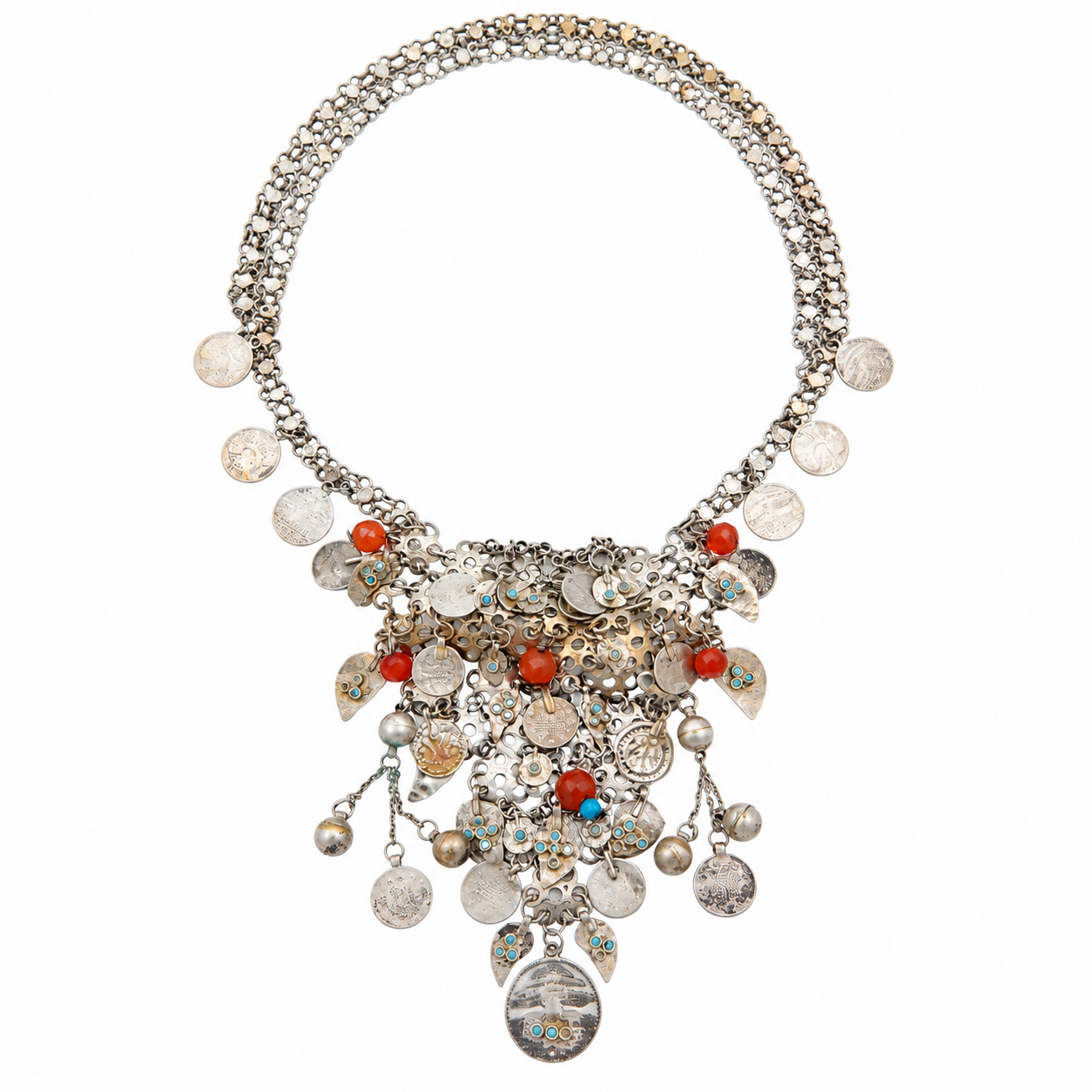 Vintage Amazigh Berber Carnelian Coin Charms Silver Bib Necklace