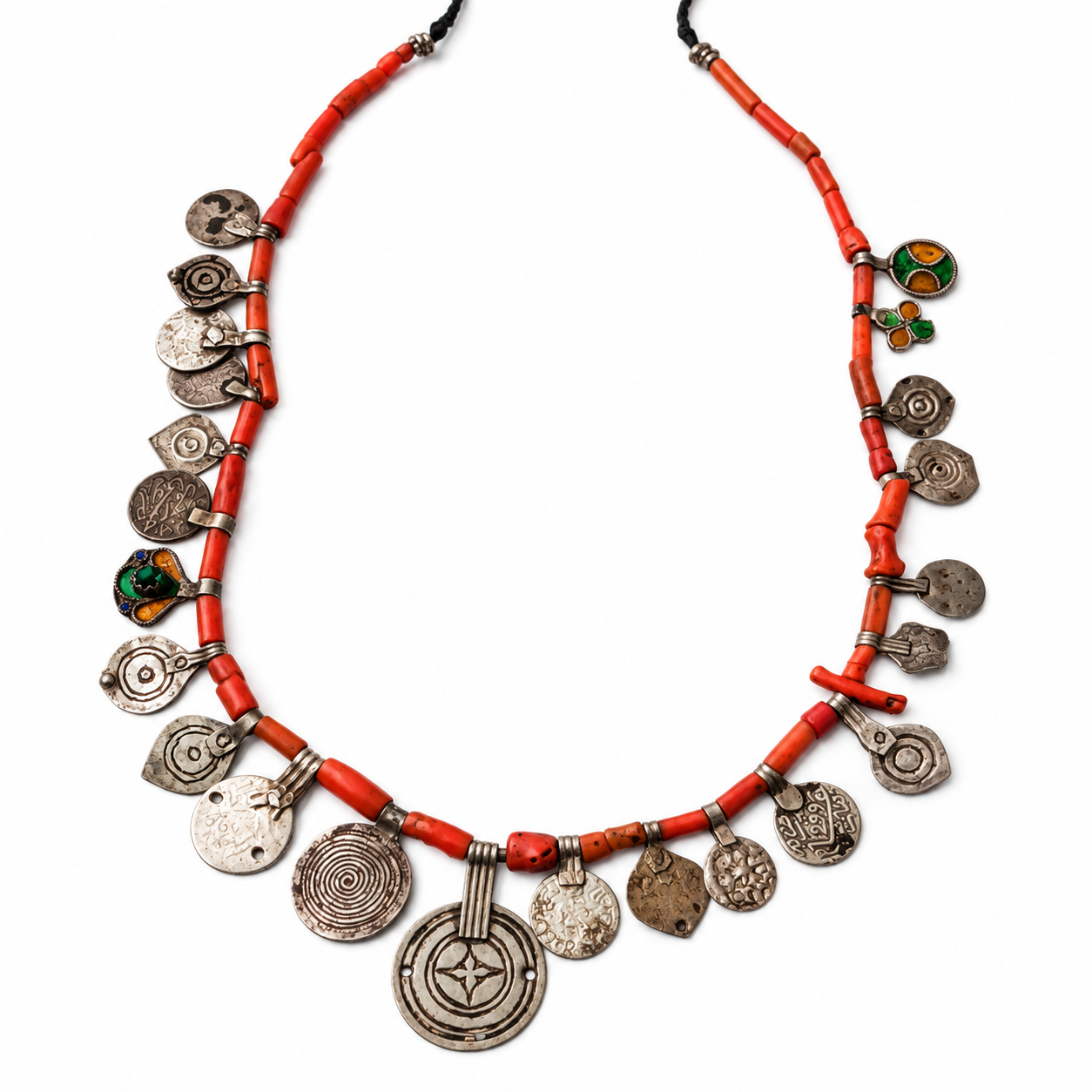 Vintage Amazigh Berber Coral and Silver Necklace with Traditional Design
