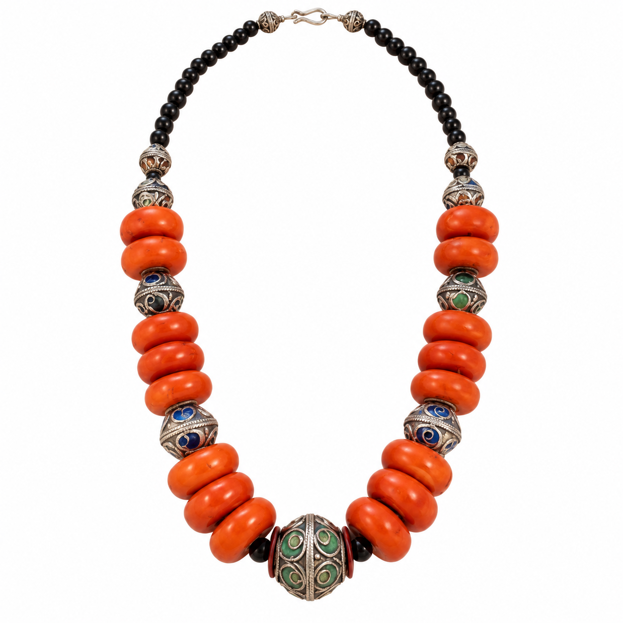 Vintage Amazigh Berber Handmade Red Bead Enameled Silver Necklace