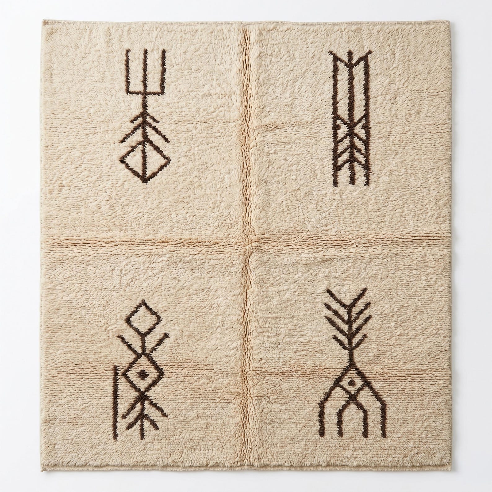 Berber Amazigh Beni Ourain Ivory Wool Rug With Tribal Symbols