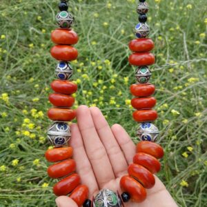 Vintage Amazigh Berber Handmade Red Bead Enameled Silver Necklace