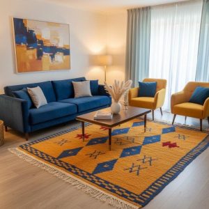 Berber Handmade Mustard Orange and Royal Blue Geometric Wool Rug
