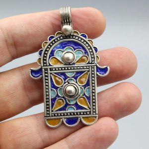 Berber Tuareg Hamsa Pendant Necklace with Sterling Silver Enamel Design