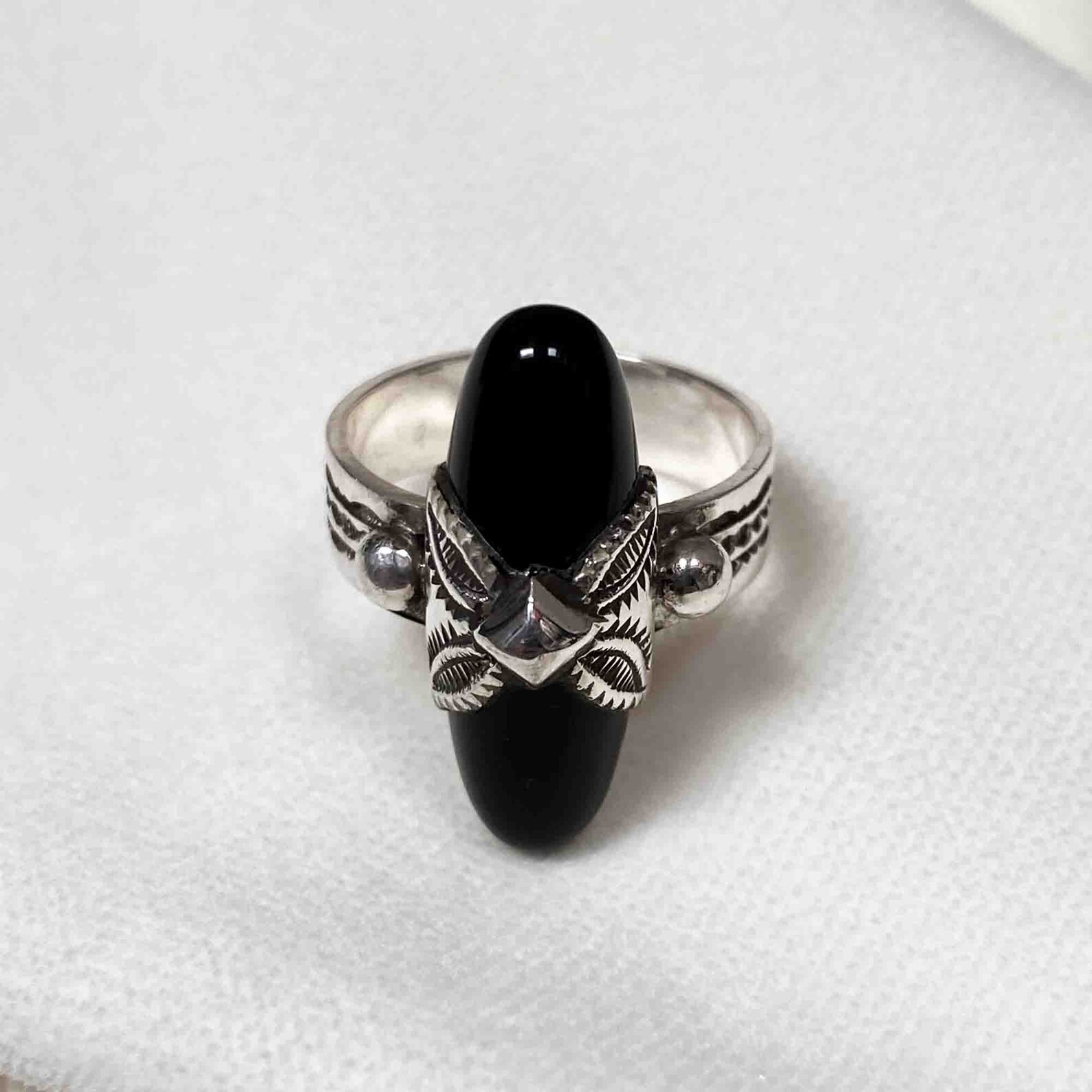Berber Tuareg Silver Onyx Ring with Engraved Design