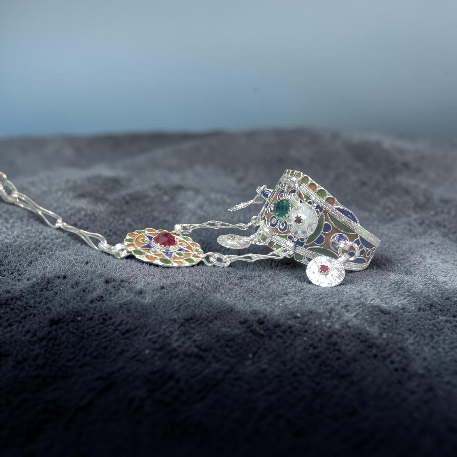 Amazigh Berber Adjustable Bracelet with Enamel Handpiece Ring Design