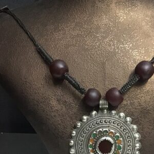 Berber Antique Silver Pendant Necklace with Dark Red Glass Beads