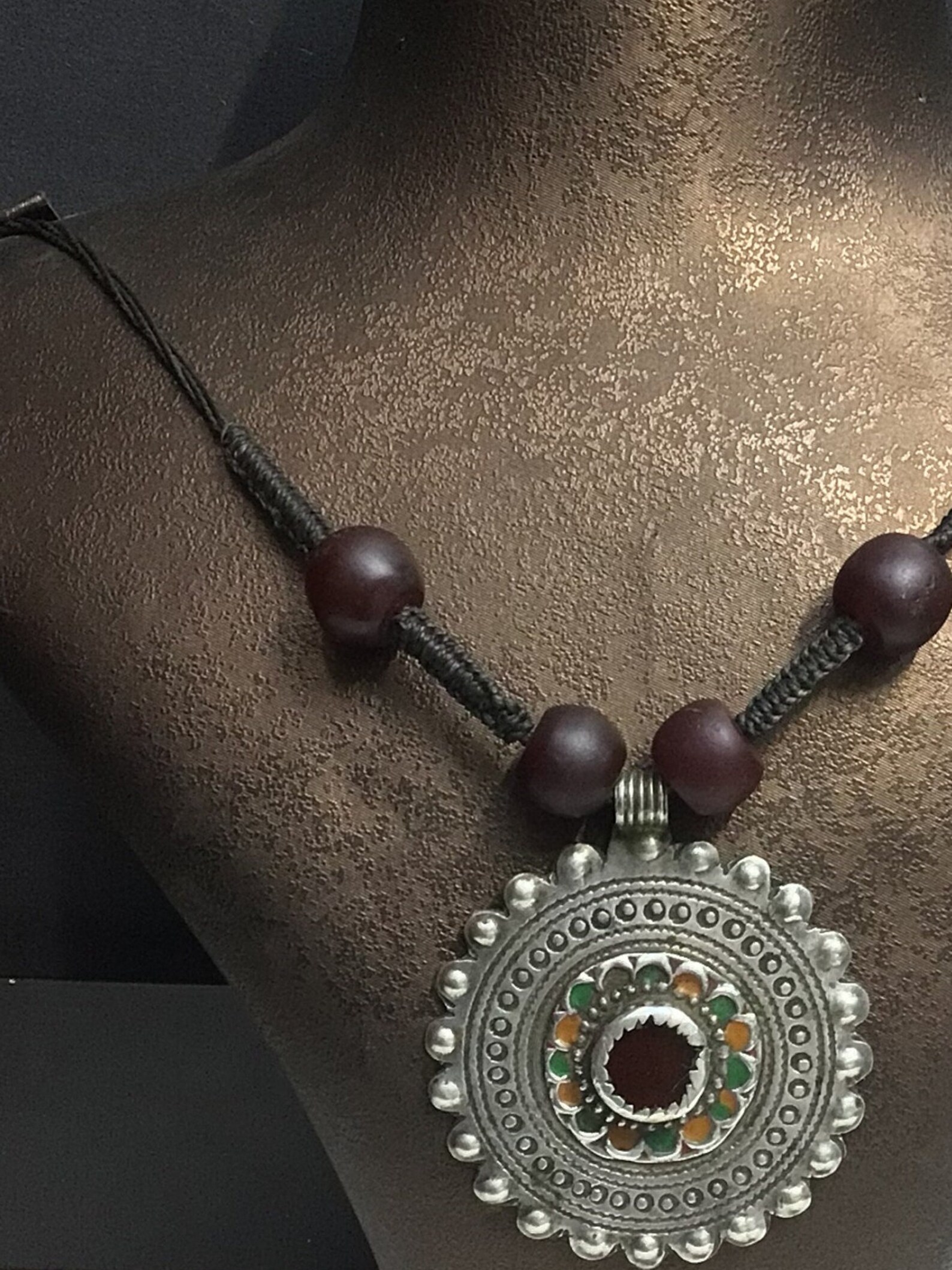 Berber Antique Silver Pendant Necklace with Dark Red Glass Beads