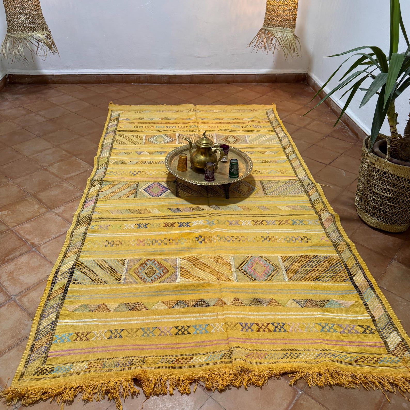 Amazigh Berber Yellow Sabra Kilim Rug with Diamond Motifs