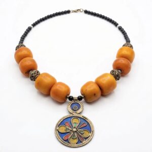 Berber Pendant Necklace with Orange Beads and Enamel Medallion