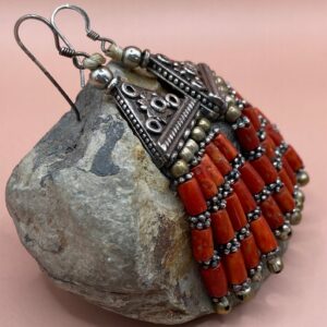 Berber Coral Drop Earrings with Silver Tribal Beaded Design