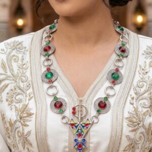 Amazigh Berber Red Green Stone Enamel Pendant Statement Necklace
