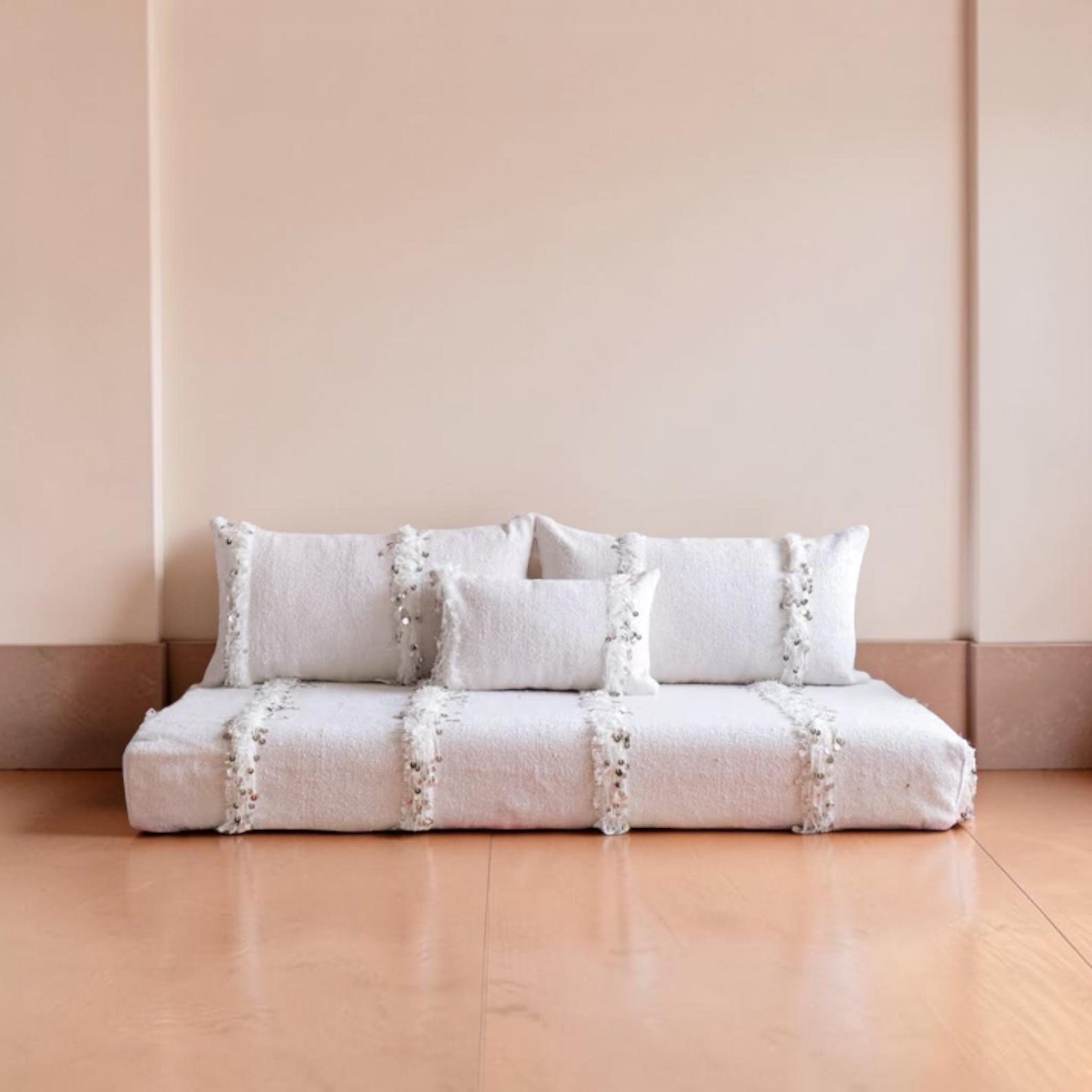 Berber Handmade White Geometric Floor Sofa Seating Pouf