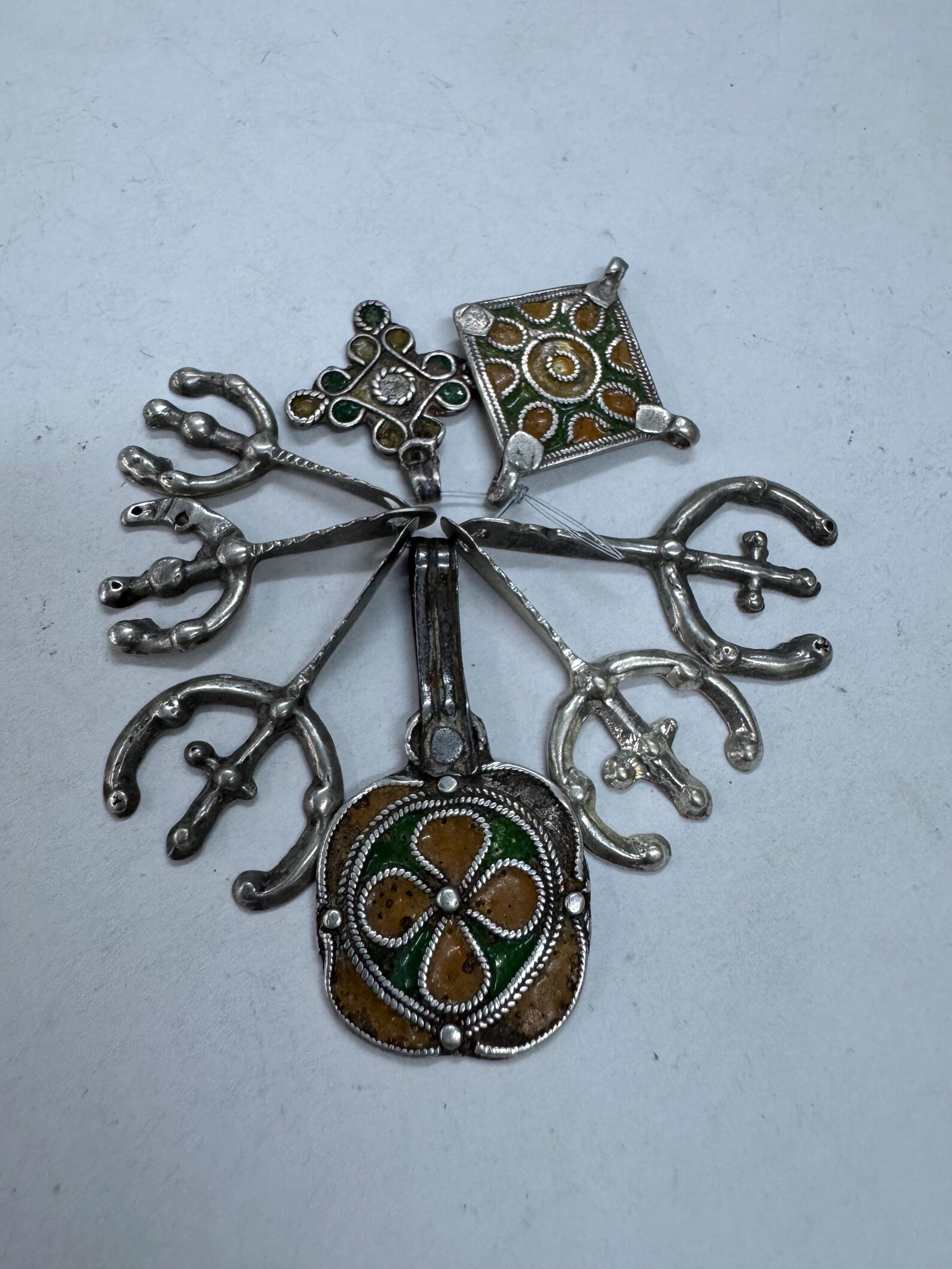 Antique Amazigh Berber Enamel Silver Pendant Necklace with Eight Pendants