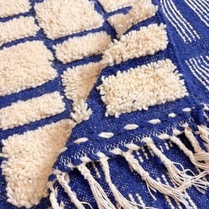 Berber Beni Ourain Blue Grid Handmade Wool Rug with Boujaad Style