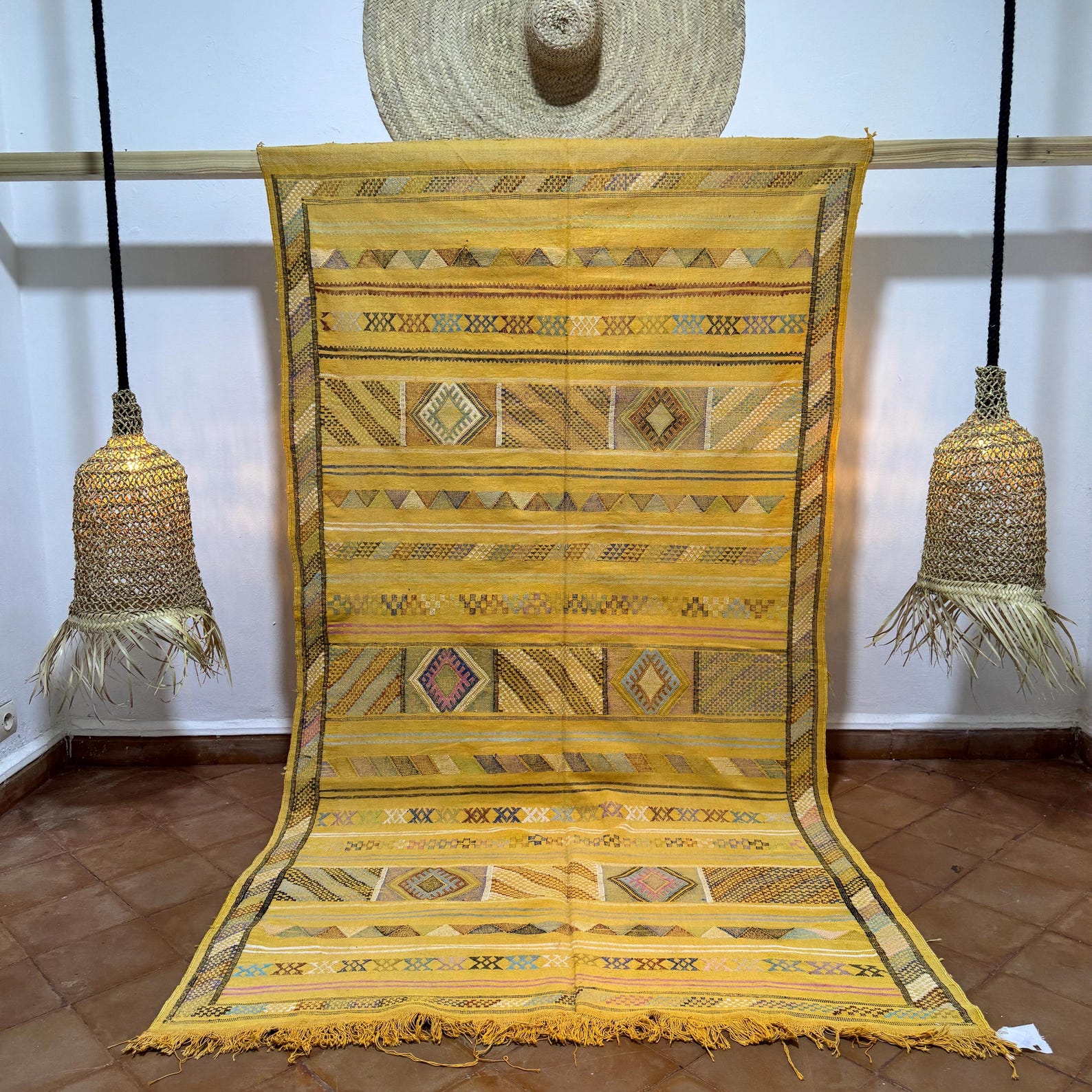 Amazigh Berber Yellow Sabra Kilim Rug with Diamond Motifs