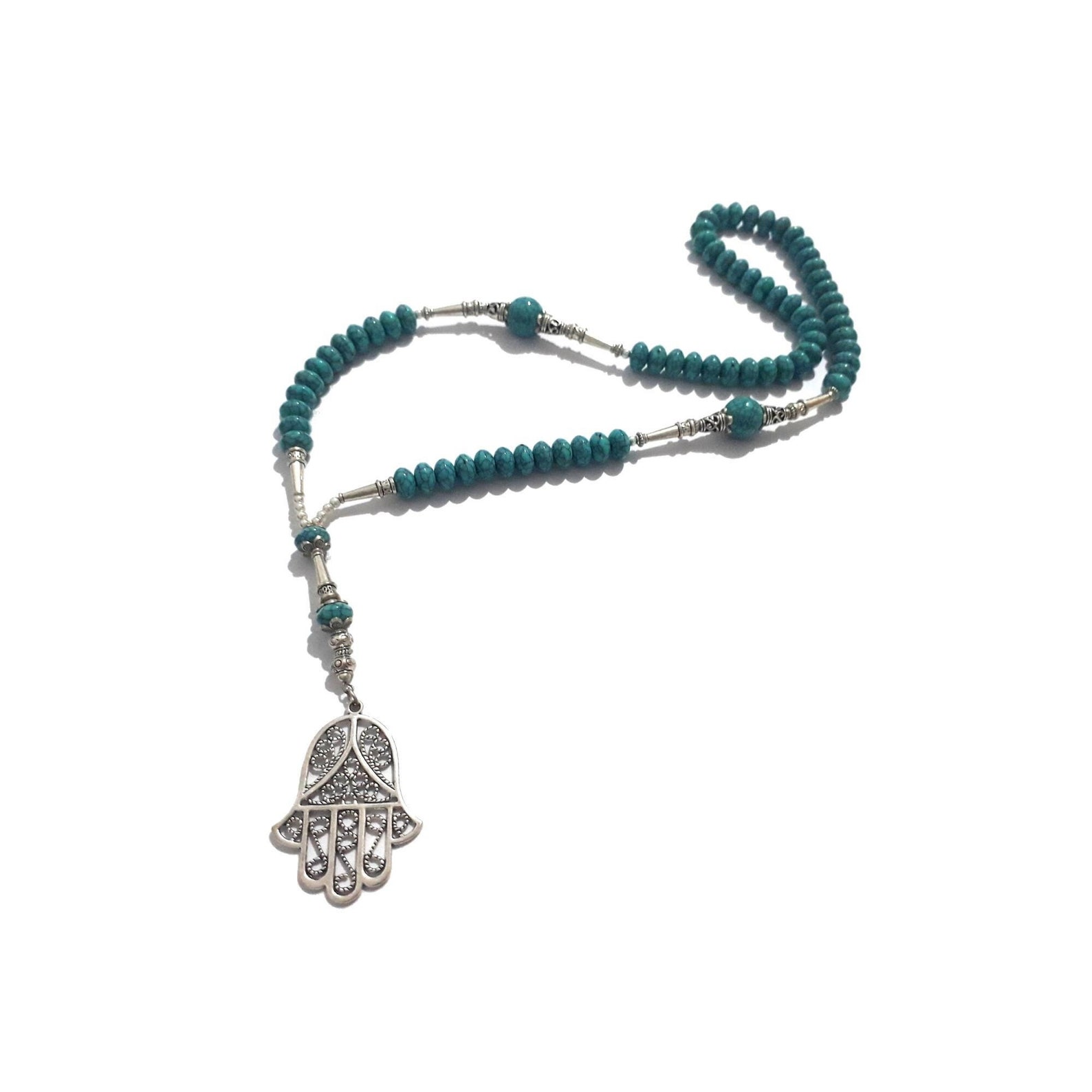 Berber Amazigh Hamsa Necklace with Turquoise Beaded Boho Cord