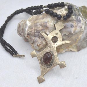 Berber Tuareg Cross Necklace with Carnelian Stone and Black Beads