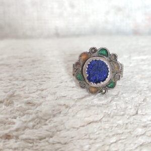Amazigh Antique Berber Silver Ring with Blue Glass Flower Size 8