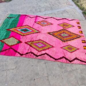 Berber Boujaad Custom Pink Green Geometric Wool Rug