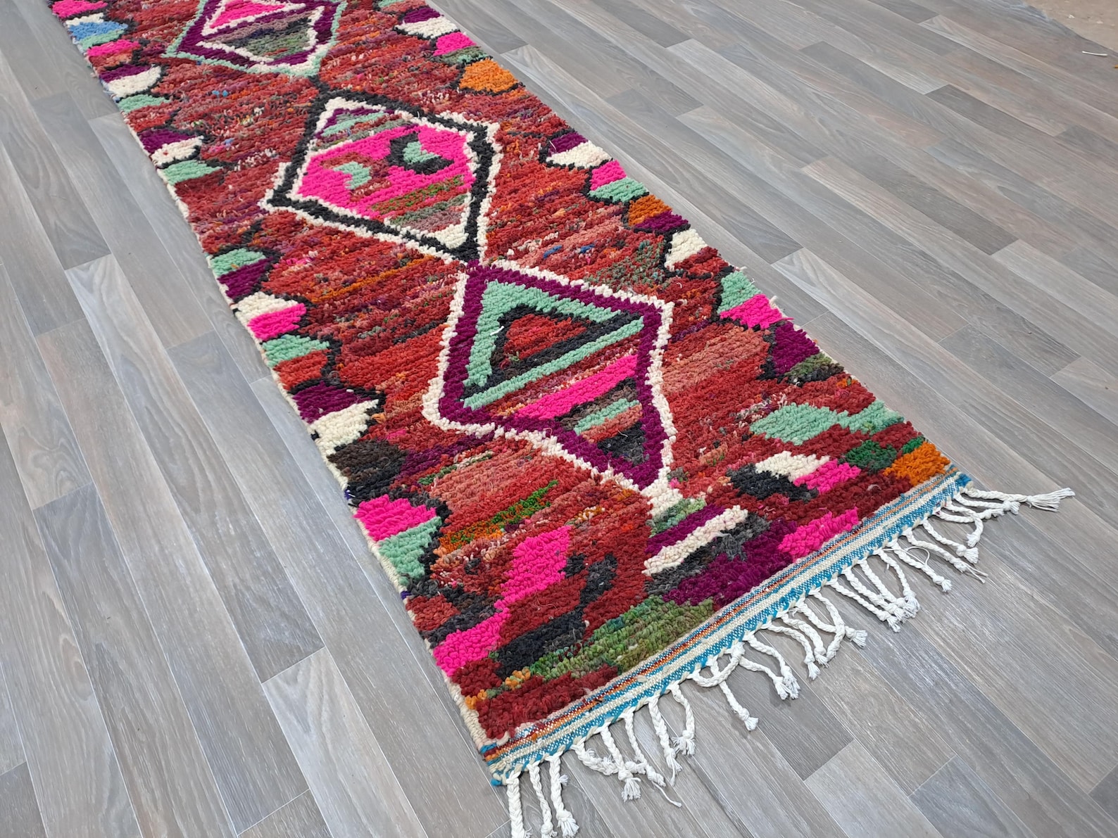 Berber Colorful Azilal Handmade Wool Checkered Shaggy Rug