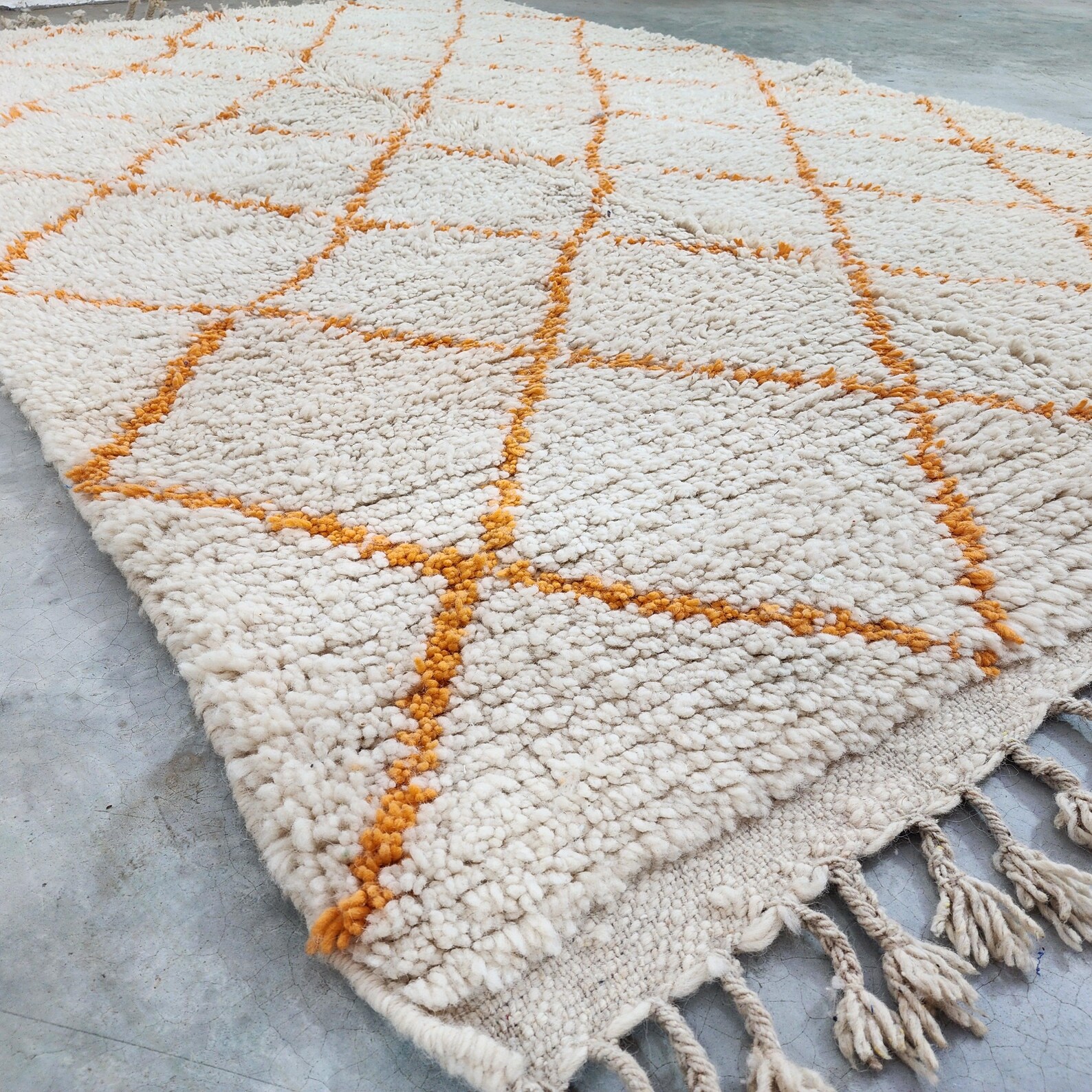 Berber Care Handmade White Wool Rug with Orange Design