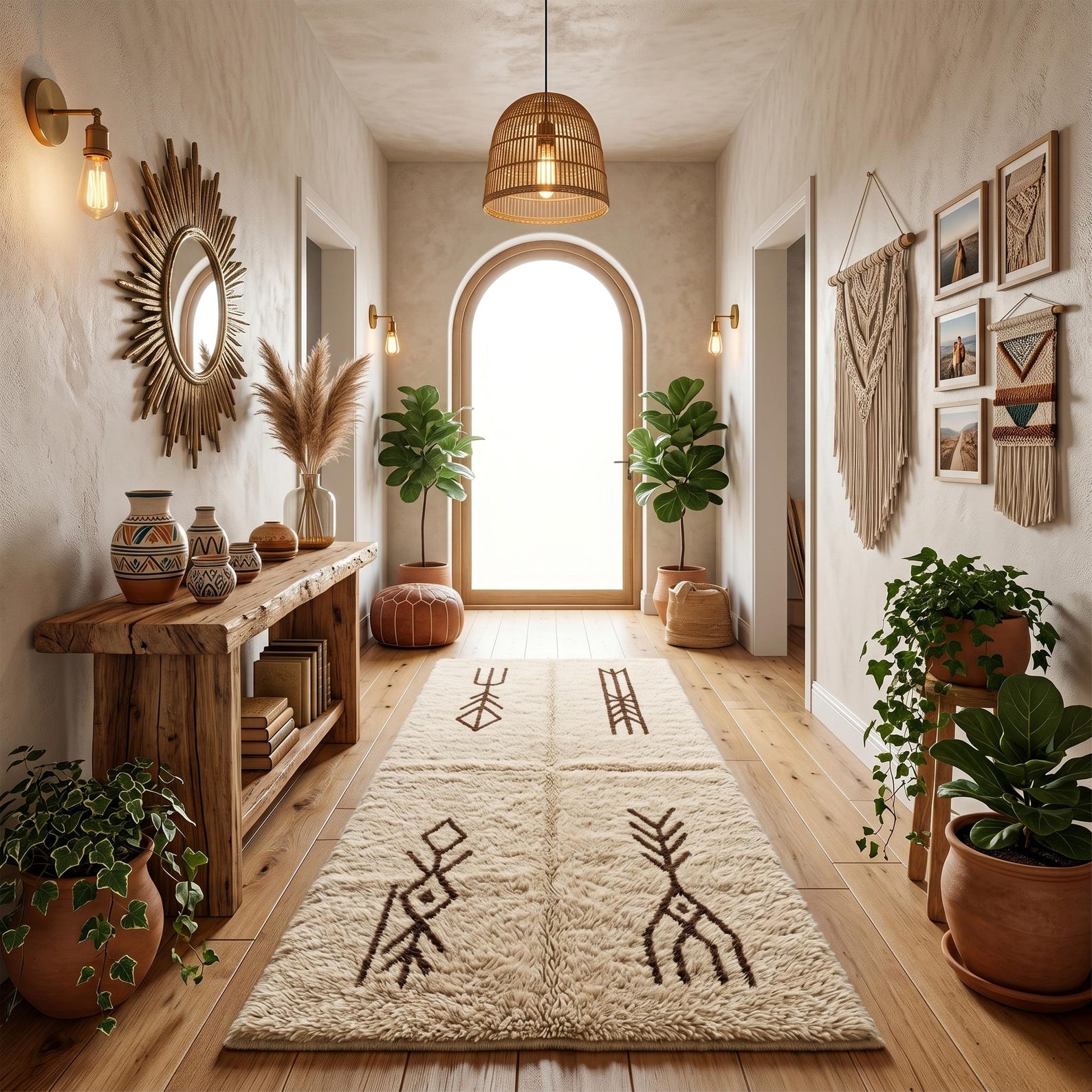 Berber Amazigh Beni Ourain Ivory Wool Rug With Tribal Symbols