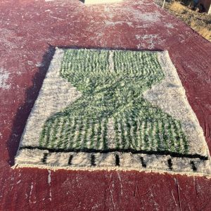 Berber Green Cream Plush Textured Wool Rug Geometric Design