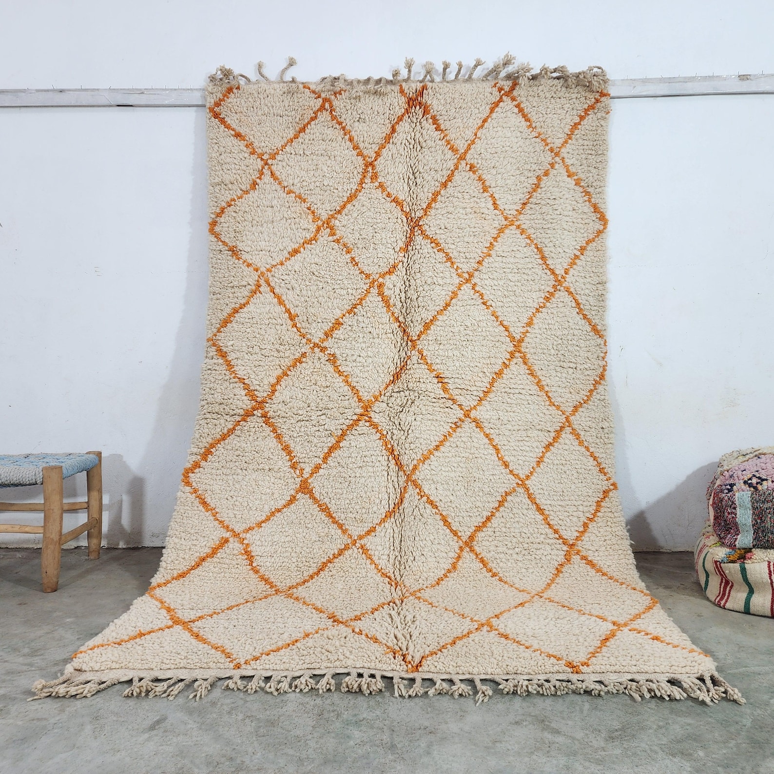 Berber Care Handmade White Wool Rug with Orange Design
