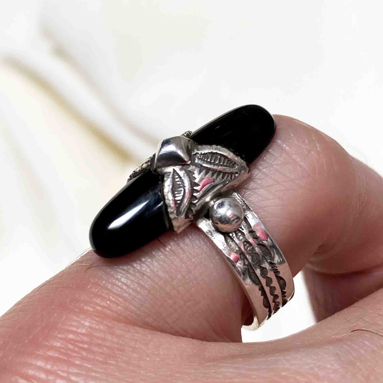 Berber Tuareg Silver Onyx Ring with Engraved Design