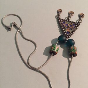 Berber Enamel Silver Pendant Necklace with African Trade Bead Chain