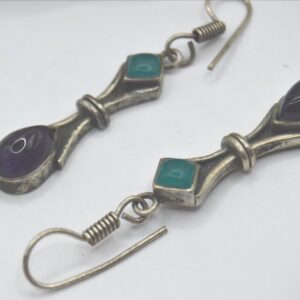 Berber Amazigh Vintage Silver Tone Drop Earrings with Green Purple Stones