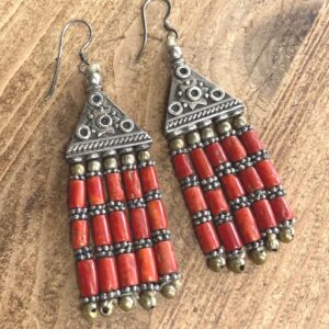 Berber Coral Drop Earrings with Silver Tribal Beaded Design