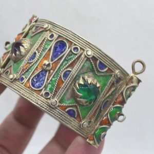 Berber Amazigh Enamel Cuff Bracelet with Red Cabochon Accents Pin Closure