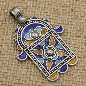 Berber Tuareg Hamsa Pendant Necklace with Sterling Silver Enamel Design