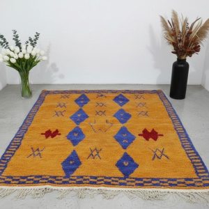 Berber Handmade Mustard Orange and Royal Blue Geometric Wool Rug
