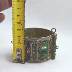 Berber Amazigh Enamel Cuff Bracelet with Red Cabochon Accents Pin Closure