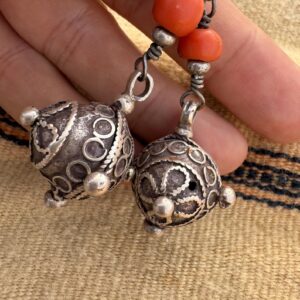 Berber Silver Earrings with Natural Coral Bead Pendants