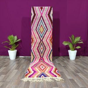 Berber Handmade Beni Ourain Wool Runner Rug Colorful Geometric Design
