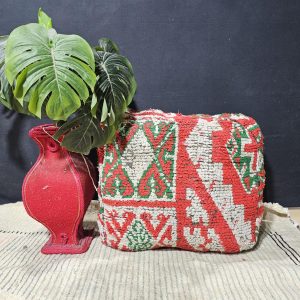 Berber Boucherouite Vintage Wool Pouf Red Floor Decor