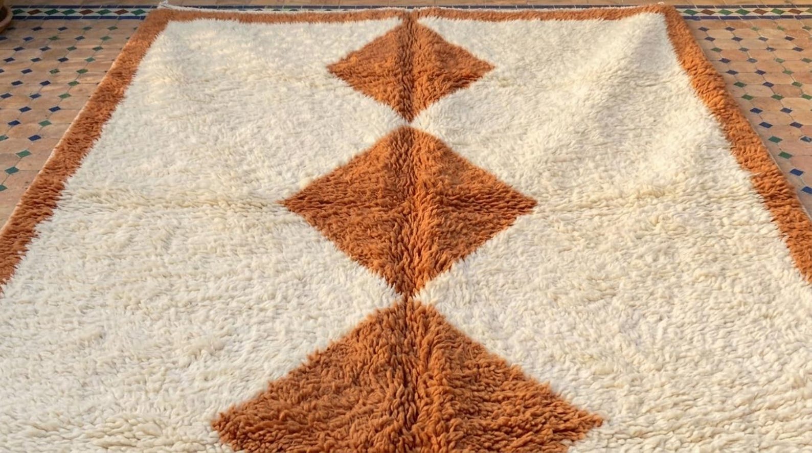 Handwoven Berber Beni Ourain Wool Rug Terracotta Diamond Area Rug