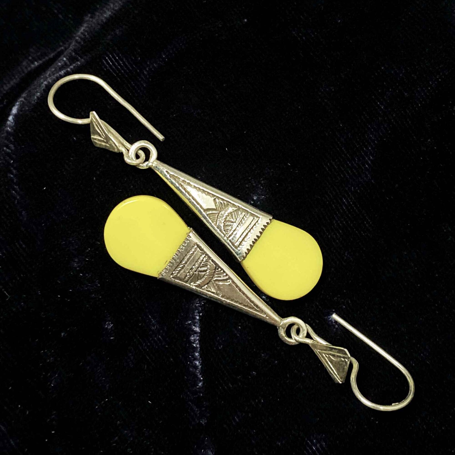 Berber Tuareg Silver and Glass Yellow Earrings with Verre In-Gall Design
