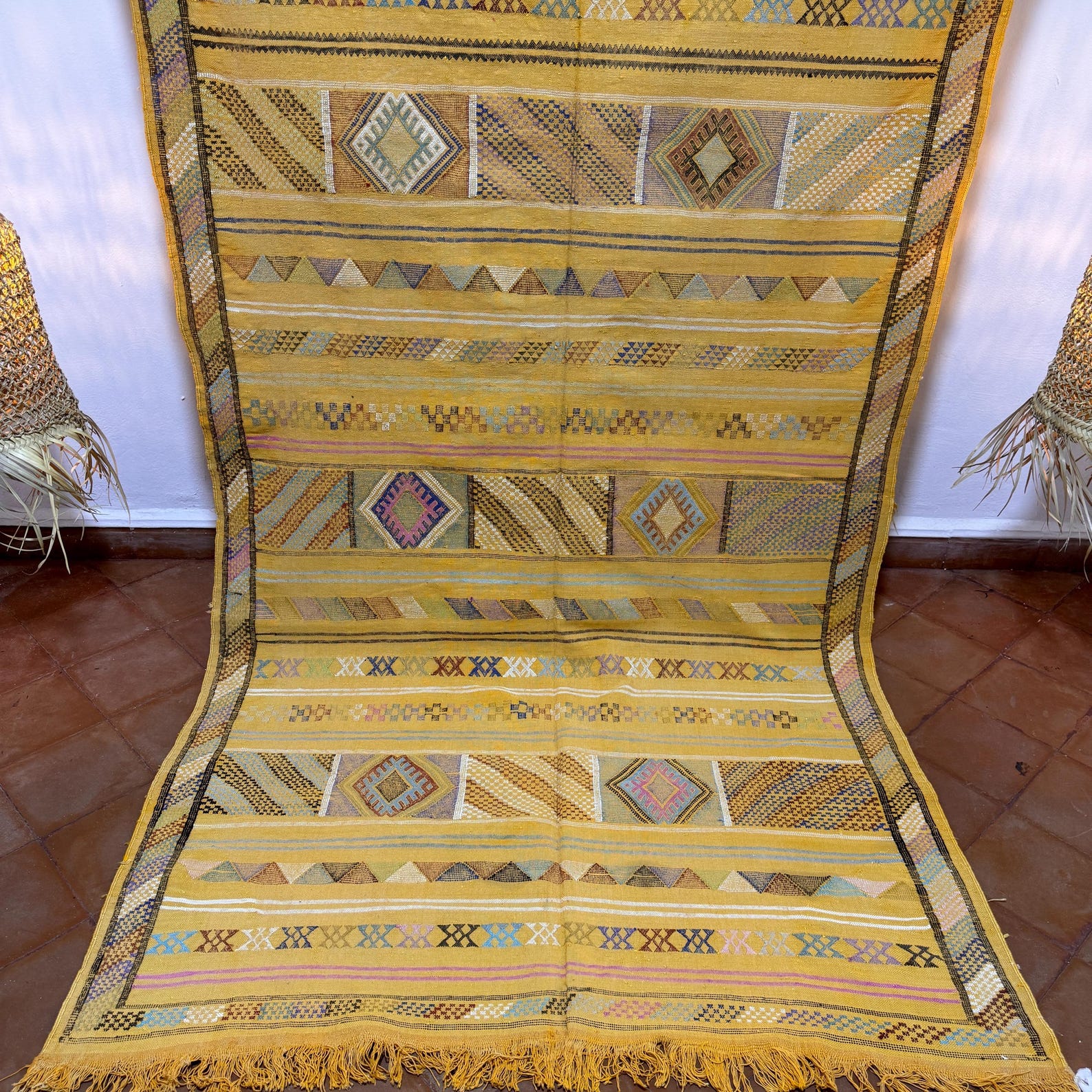 Amazigh Berber Yellow Sabra Kilim Rug with Diamond Motifs