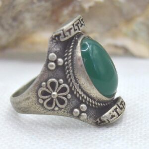Amazigh Berber Green Agate Silver Statement Ring with Tribal Details