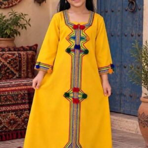 Amazigh Girls Traditional Kaftan Dress with Colorful Embroidery for Kids