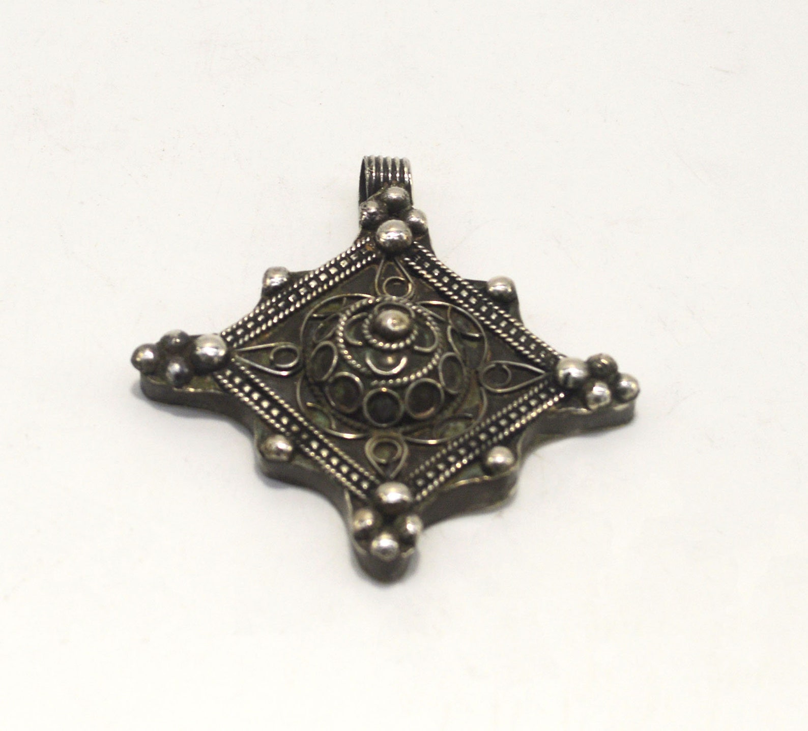 Berber Tuareg Silver Cross Pendant Necklace with Geometric Artisan Design