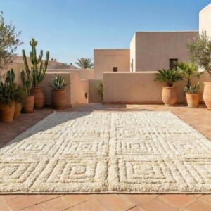 Berber Cream Textured Grid Pattern Handwoven Wool Rug Atlas Decor